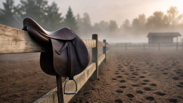 An empty saddle on a fence rail with hoofprints in the dirt, morning mist.