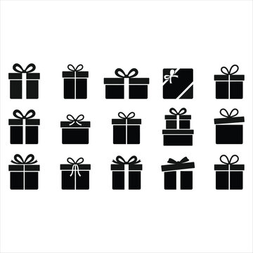 Gift Boxes with Ribbons Arranged in a Grid Pattern Featuring Box, Ribbon, Present with Wrapping and Bow Elements for Black, White