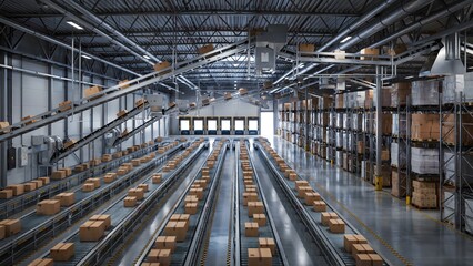 Fototapeta premium Modern Logistics Warehouse Interior with Conveyor Belts and Shelving