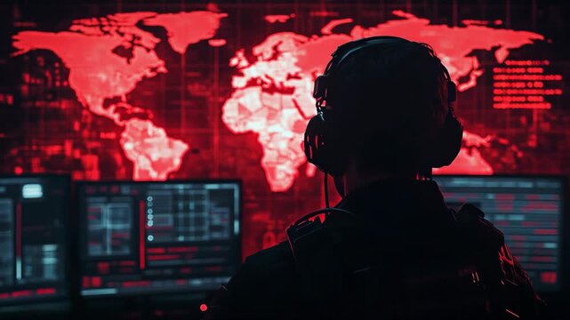 Cybersecurity operator watching red world map on control room screens with hacker threat alerts digital surveillance network protection data defense and global cyber attack monitoring atmosphere today