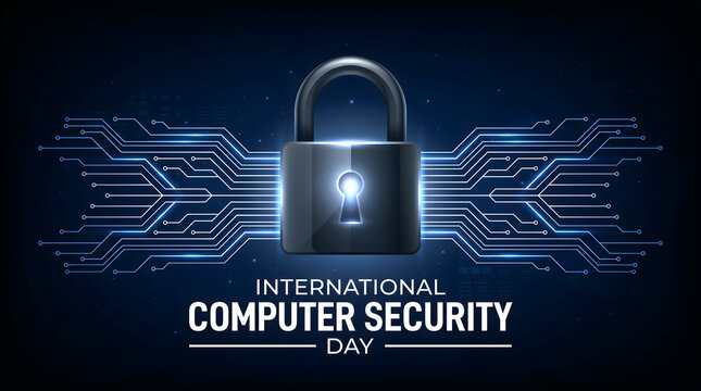 International Computer Security Day concept with padlock and circuit board