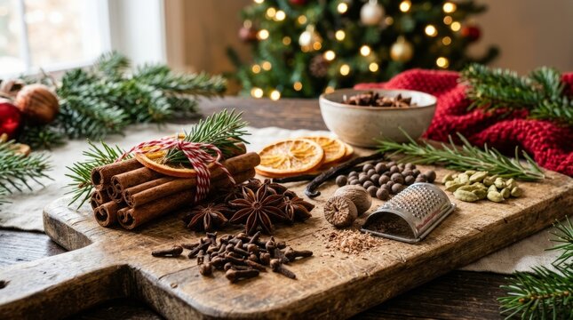 Warm holiday spices and festive decorations evoke cozy Christmas spirit
