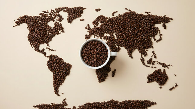 Coffee beans world map and cup