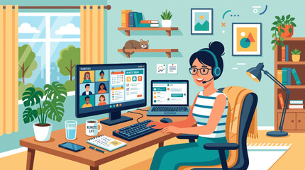 Fototapeta premium Woman working on a laptop at her office desk