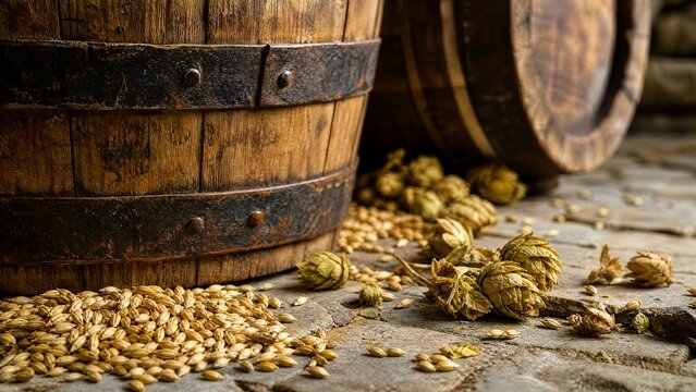 Close-up of weathered wooden barrels with scattered barley grains and dried hops.