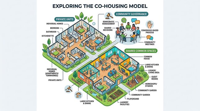 Co-housing model infographic with private units and shared spaces