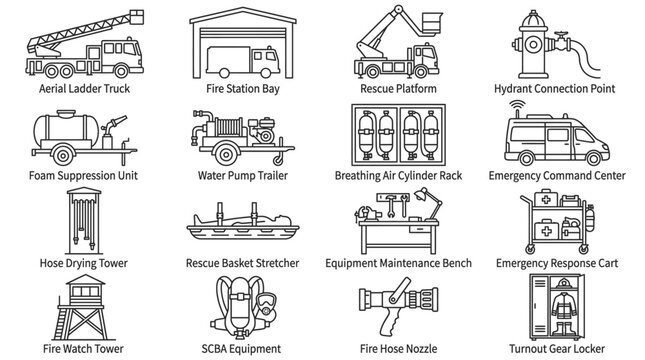 Firefighting Equipment Icons: A collection of stylized line art icons representing various essential firefighting equipment and vehicles, perfect for graphic design and safety-related themes.