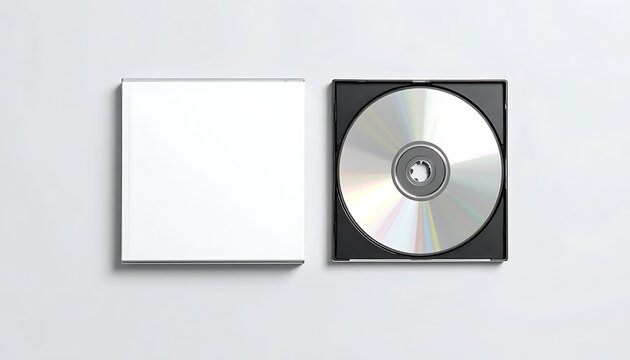 Blank CD case with open cover and inner compact disc, media storage, software distribution