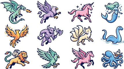 Obraz premium Mythical creatures fantasy animals icons.