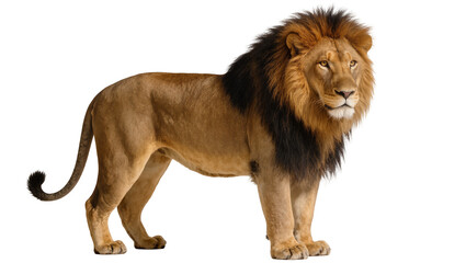 Majestic male lion with full mane standing proud, isolated on transparent background © Corotaev