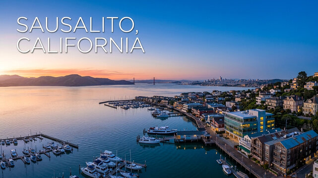 A coastal aerial view of Sausalito, California, at sunset, showing the harbor, boats, and the distant city skyline