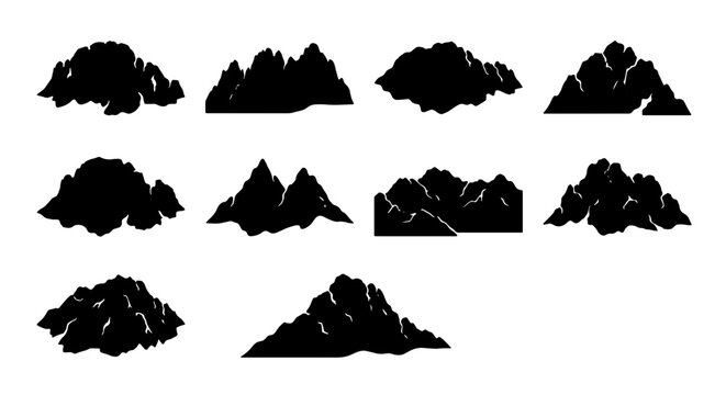 Mountain silhouette collection, 10 black peak icons set, minimalist rocky range vector elements for outdoor adventure and hiking logos