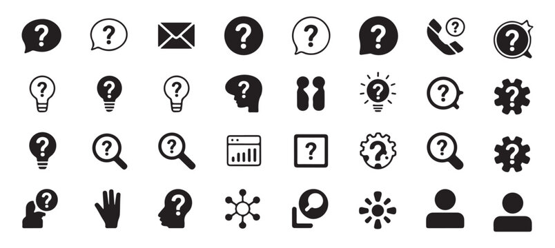 Set of creative question mark icons with light bulbs brains gears and communication symbols.