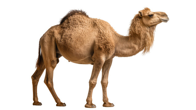 Dromedary camel with one hump standing, isolated on transparent background