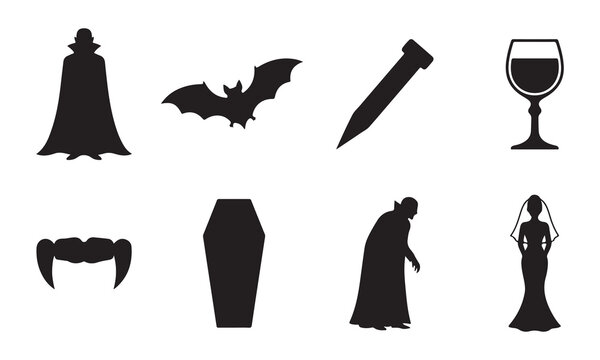 Set of black silhouettes featuring a vampire, bat, wooden stake, wine glass, vampire fangs, coffin, hunched vampire figure, and a ghostly bride on a white background, for halloween