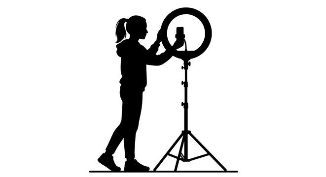 Influencer silhouette recording video with ring light, content creator girl using smartphone on tripod, social media blogger vlogging setup vector