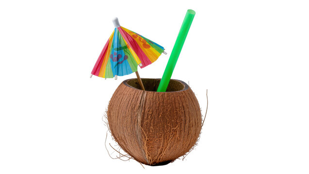 Coconut drink with colorful umbrella and green straw
