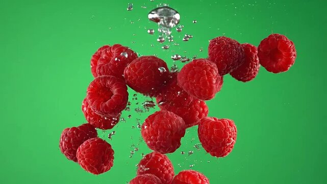 Fresh red raspberries falling into clear water against a vibrant green background