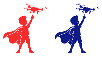 Silhouette of a superhero boy pointing at a flying drone, red and blue vector illustration © Growup Pixel