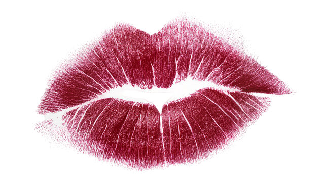 Deep red lipstick kiss mark imprint, isolated on transparent background