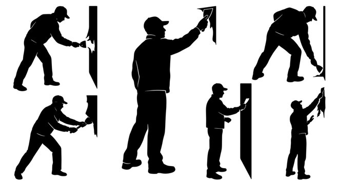 Professional painter silhouettes set, construction worker applying plaster and paint to walls, handyman renovation service vector icons