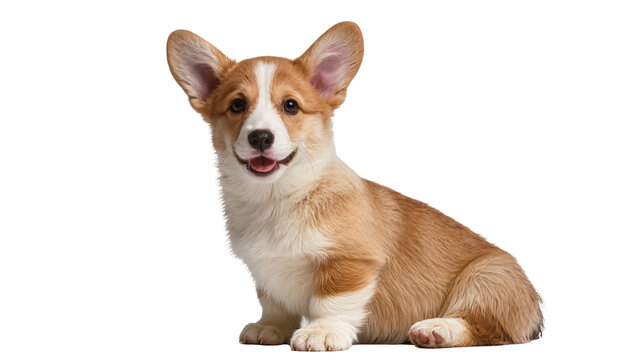 Pembroke Welsh Corgi puppy sitting smiling, with large ears