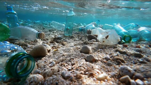 Plastic bottles on the seabed highlight the pollution in the ocean, providing a stark backdrop for environmental campaigns to protect our water resources.
