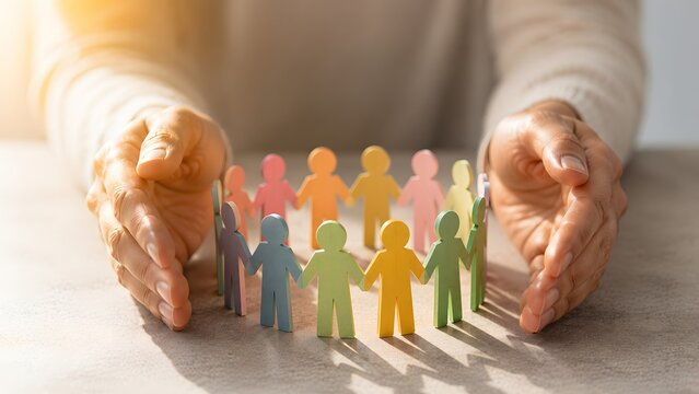 Human resources and workplace inclusion concept with protective hands shielding a diverse circle of paper people