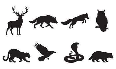 Obraz premium Set of black silhouettes of wild animals and birds including a stag, wolf, fox, owl, panther, raven, cobra, and badger isolated on a white background, for nature and wildlife