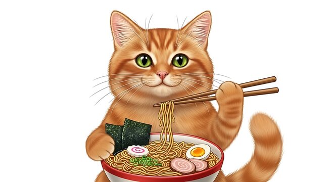 Orange Cat Eating Ramen Noodles with Chopsticks.