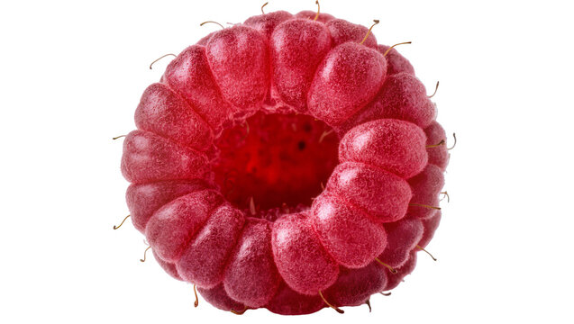Single ripe raspberry with textured drupelets, isolated on transparent background