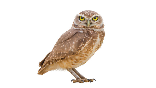Burrowing owl with yellow eyes and brown speckled feathers