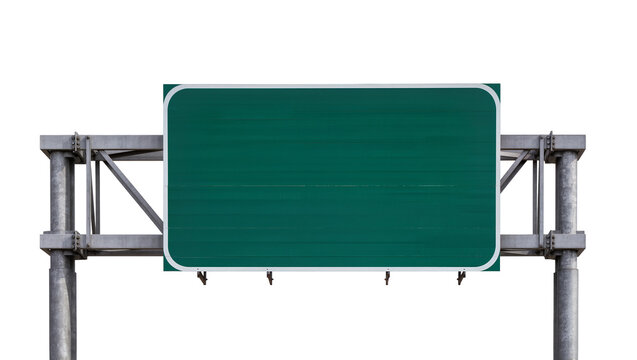Green highway directional sign with metal support structure, isolated on transparent background