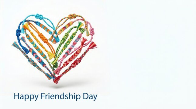 Hand-woven chevron friendship bracelets forming a heart shape on a white background with copy space