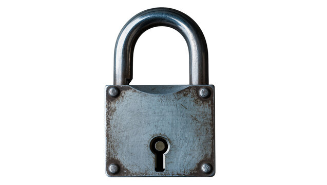 Old metal padlock with visible scratches and rust, isolated on transparent background