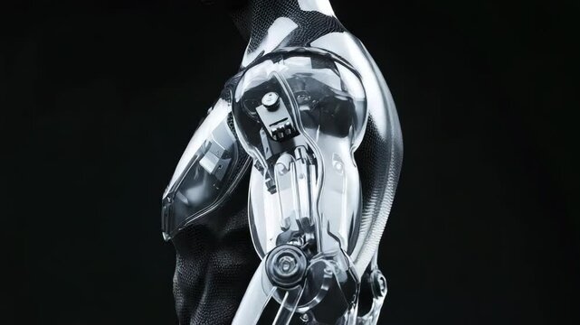 Transparent humanoid robot upper body with realistic glass material and visible mechanical structure, futuristic artificial intelligence concept, dark background, high detail sci-fi technology render