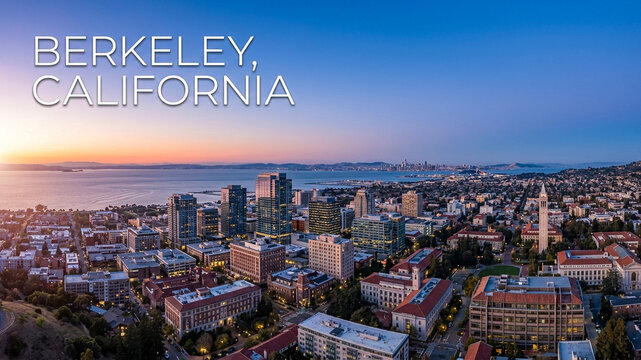 An aerial view of the Berkeley, California skyline at sunset, featuring the city's buildings and urban landscape under a clear blue sky