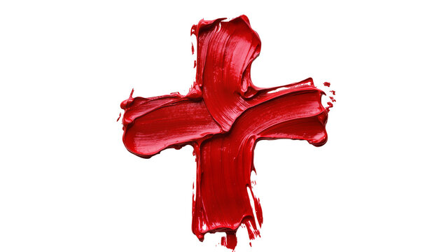 Thick red oil paint brush stroke forming a plus sign, isolated on transparent background