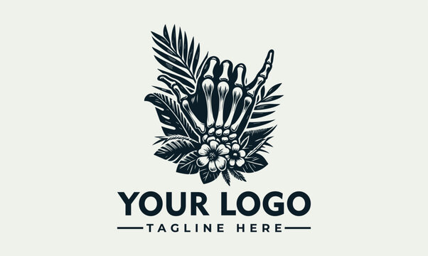 Vintage skeleton hand with tropical palm leaves and flowers vector logo illustration design