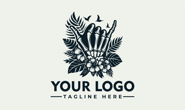 Shaka Skeleton Hand Tropical Floral Vector Logo Illustration Design Template
