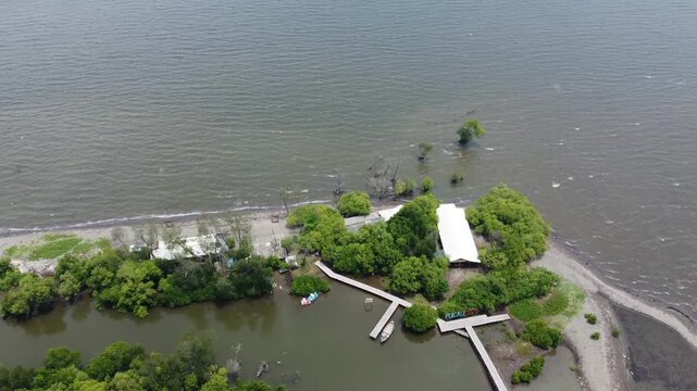An aerial shot showing mangrove wetland and a modern urban cityscape with high-rise buildings and a highway. Great for projects on urbanization, real estate, Mangrove near city