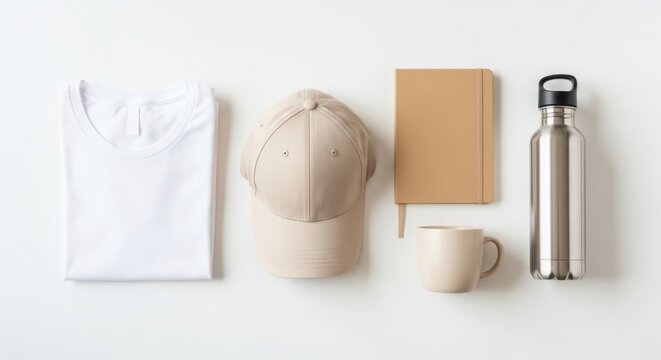 Neutral merchandise mockup t shirt cap notebook mug and water bottle
