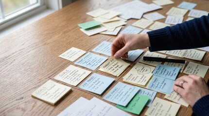 Obraz premium Product Manager Mapping Market Fit Sticky Notes during Tactical Planning Session