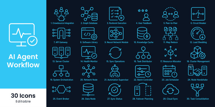 AI Agent Workflow icons with computer monitor and checkmark during concept development