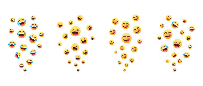 Laughing Emoji Reactions. Floating haha and tears of joy emoticon icons vector background for social media engagement, feedback and live stream content