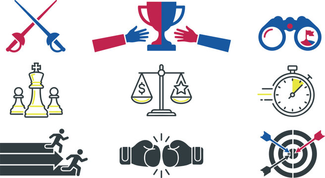 Business Competition and Strategy Icon Set Featuring Chess Trophy Boxing Gloves Swords Target and Visionary Corporate Achievement Symbols