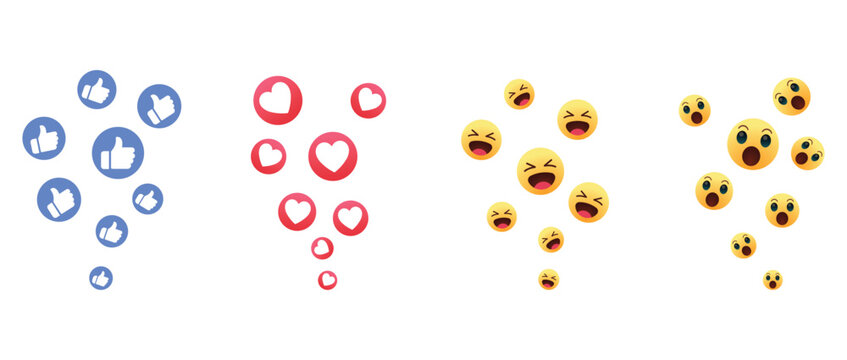 Social media reaction icons with blue thumbs up, red hearts, happy laughing faces, and shocked surprise emojis floating for online engagement