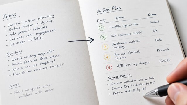 Project Manager Reviewing Action Plan and Success Metrics inside Notebook