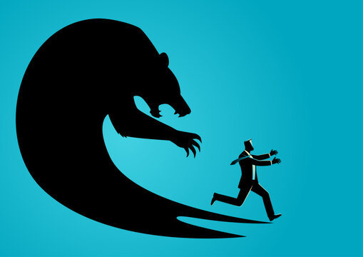Businessman running from giant bear shadow, economic crisis, market panic, and bear market concept