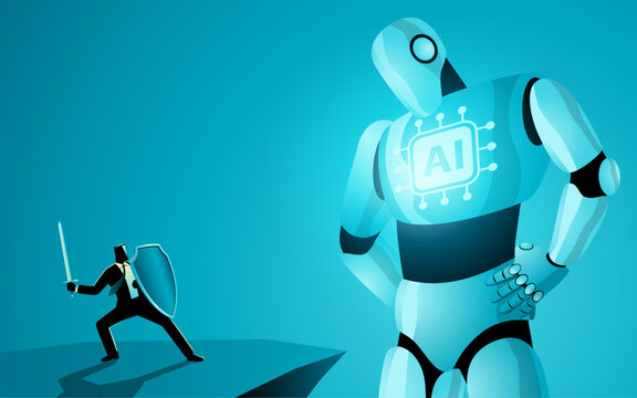Businessman confronting giant AI robot, automation threat, future of work, workforce disruption, technological change, AI competition, digital transformation, and human resilience concept